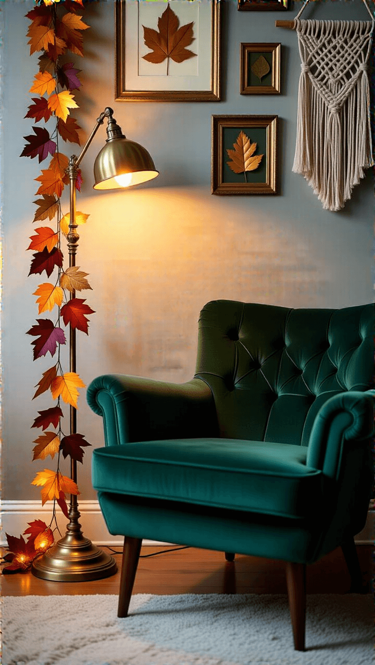 Cozy reading corner illuminated by a brass floor lamp, adorned with a handcrafted autumn leaf garland, featuring metallic frames with pressed leaves against a gray wall, alongside an emerald green velvet reading chair and a macramé wall hanging.