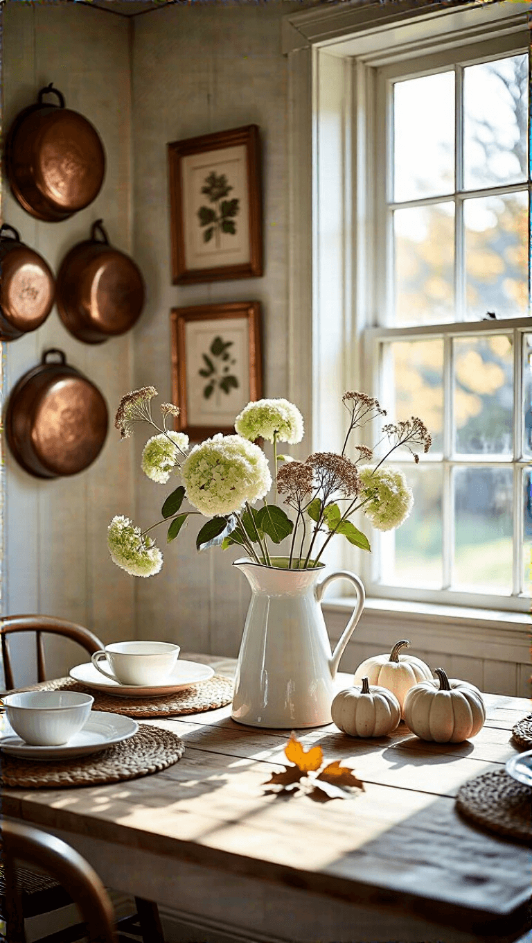 Sunlit breakfast nook with antique copper molds and botanical prints on the wall, rustic farmhouse table with ironstone pitcher and dried hydrangeas, styled with woven placemats, oak leaves, and small white pumpkins.