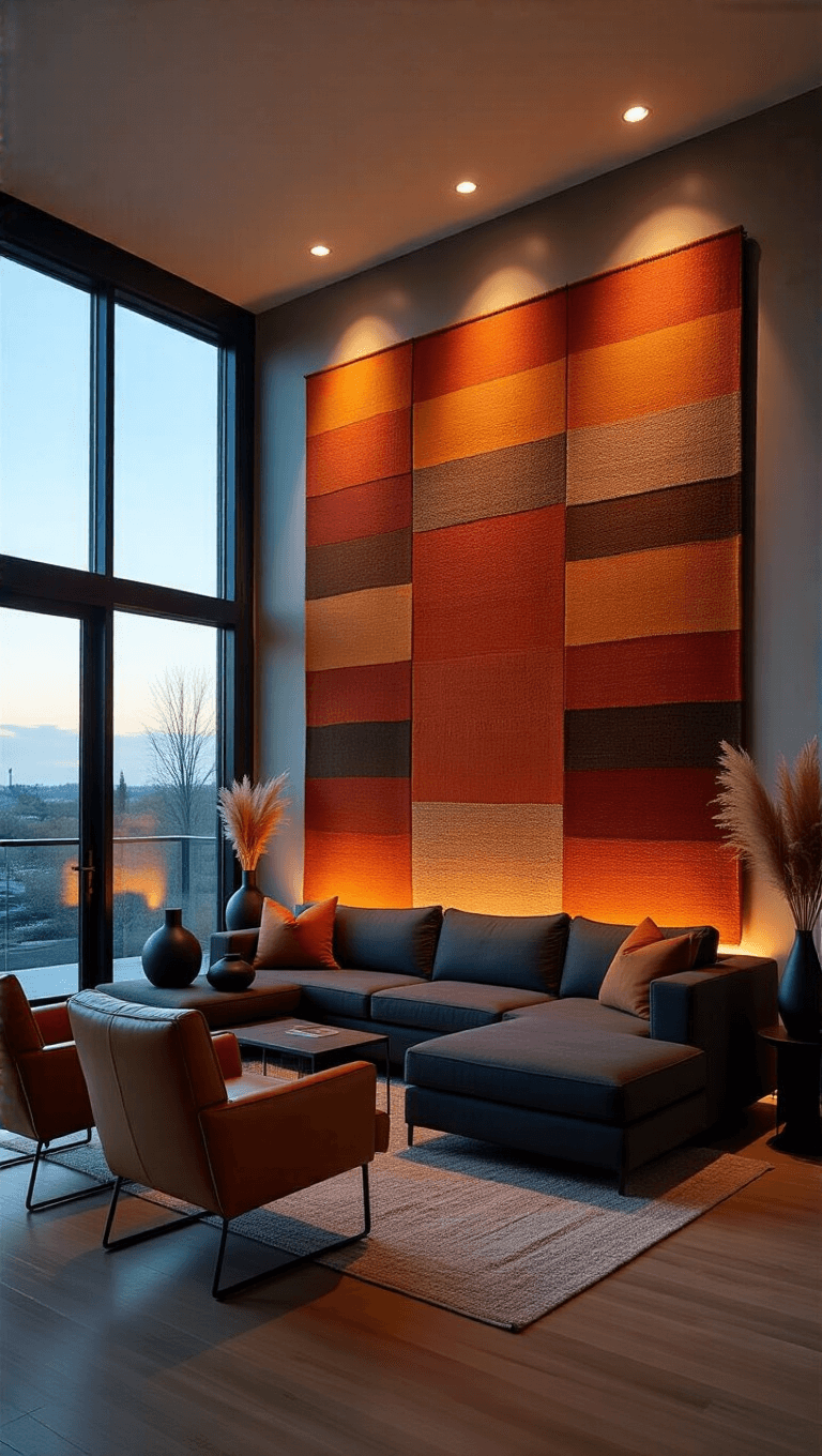 Contemporary living room at dusk with dramatic uplighting, floor-to-ceiling windows, 10ft autumn-colored textile wall hanging, minimalist charcoal sectional, camel leather chairs, bronze geometric pendant light, black ceramic vessels, and dried pampas grass.