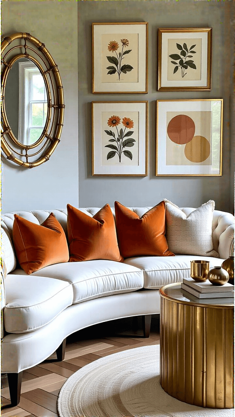 Transitional sitting room with salon-style gallery wall, gold bamboo mirrors, pearl gray walls, herringbone wood floors, and ivory sofa with orange pillows in late afternoon natural light.