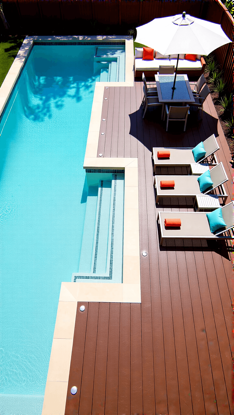 Overhead view of a 20x24ft bright sunlit poolside deck with brown composite decking, azure pool, light gray modern chaise lounges with white cushions, built-in bench seating with colorful waterproof fabric, a large canvas umbrella over the dining area and integrated LED deck lights.