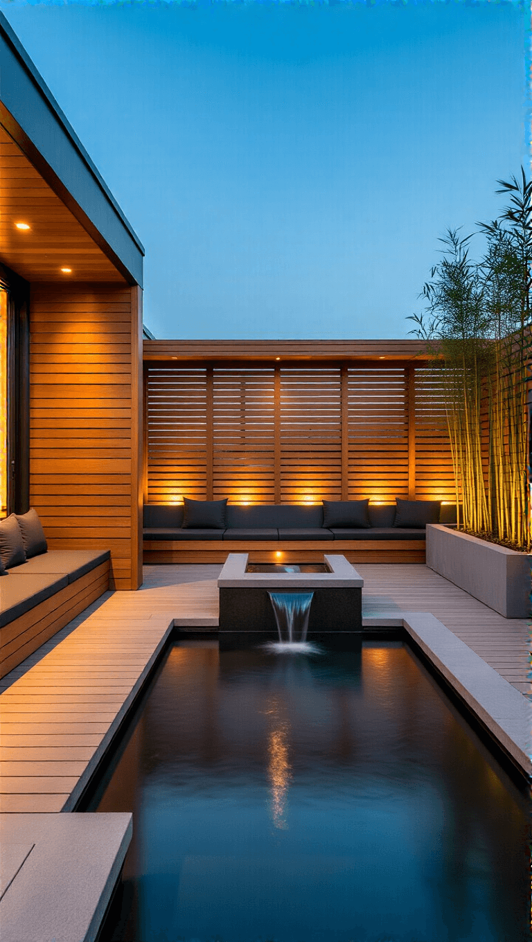 Modern Zen retreat with a 16x20ft deck, horizontal cedar slat screens, built-in benches with charcoal cushions, bamboo in concrete planters, water feature under dusk sky, and hidden LED uplighting, viewed from a low angle.