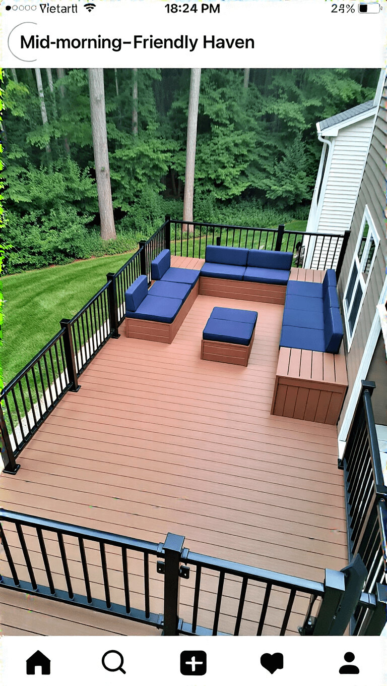 Family-friendly deck in warm brown composite material, featuring black aluminum railing, navy deep-seated furniture, kids' zone with built-in storage bench, removable shade for UV protection, and a lockable gate for safety
</p></noscript>
<div class=