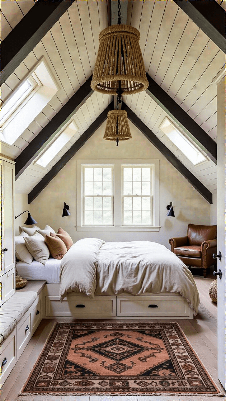 Cozy 300 sq ft loft bedroom with dramatic roofline, platform bed, built-in storage, reading nook, rope chandelier, and vintage Persian rug in cream, gray, and tan color palette.