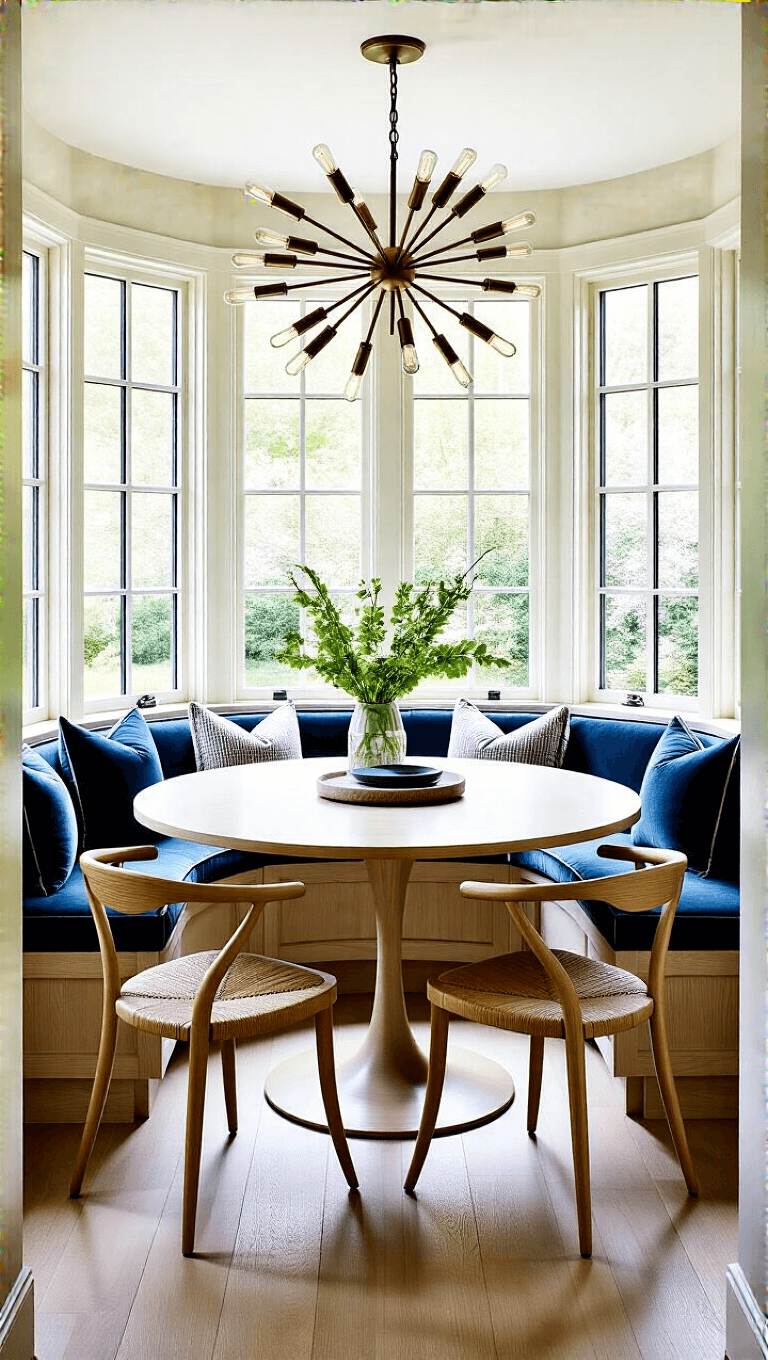 Bright and cozy 120 sq ft dining nook with floor-to-ceiling windows, vintage chairs, a round pedestal table and sputnik chandelier, with a view of the garden and a color palette of bleached wood, navy, brass with green accents.