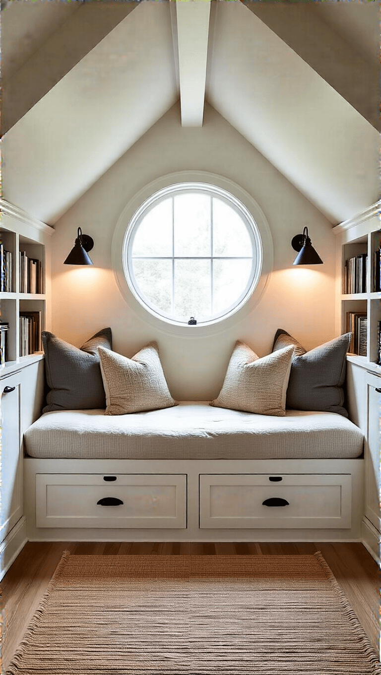 Cozy 100 sq ft reading loft with afternoon light streaming through round window, wall-mounted library lights, built-in daybed with storage drawers and a natural fiber rug on wood floors.