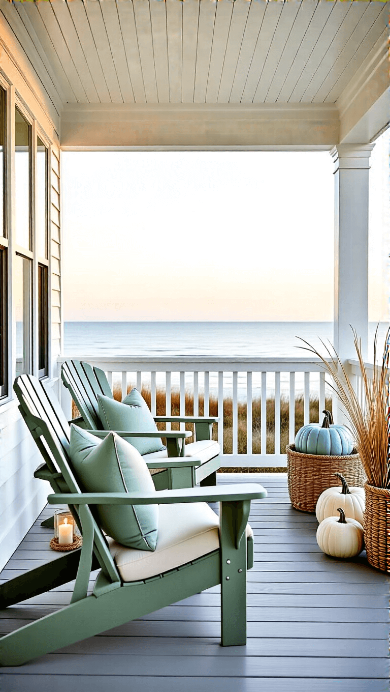 Elevated beach house porch in late afternoon light with white shiplap walls, gray decking, sage green Adirondack chairs with cream cushions, bleached driftwood displaying blue and white pumpkins, and glass hurricanes with candles. Water view captured in the background creating a serene, autumn vibe.