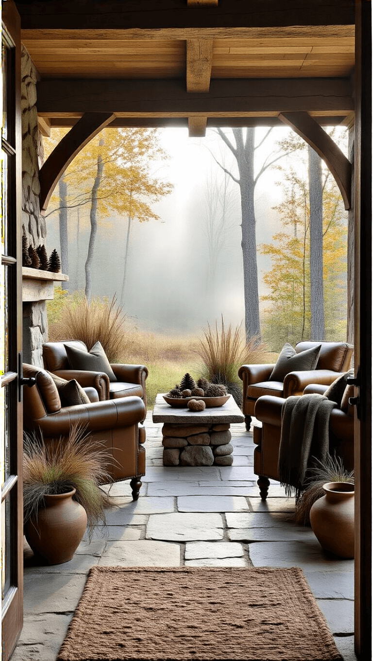 Cozy rustic cabin porch with natural stone flooring, timber beams, vintage leather chairs by the fireplace, organic decoration of foraged branches, pinecones, mushrooms and moss, wool throws in forest hues, surrounded by morning mist in an autumn woodland setting.