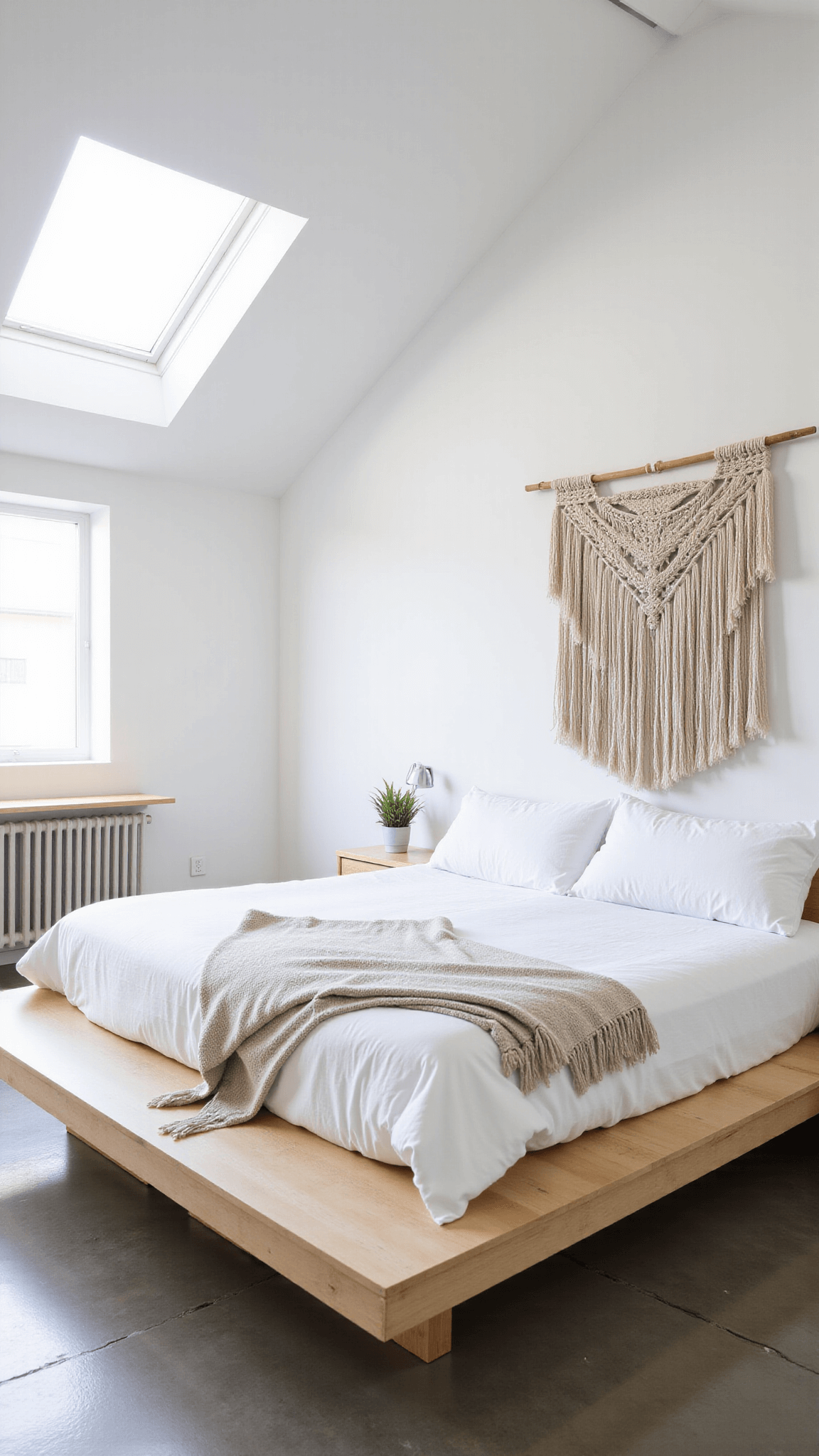 Bright and airy 15x17ft bedroom with blonde ash wood platform bed, white linens, and oversized macramé wall hanging, bathed in midday sunlight streaming through skylights onto polished concrete floors.