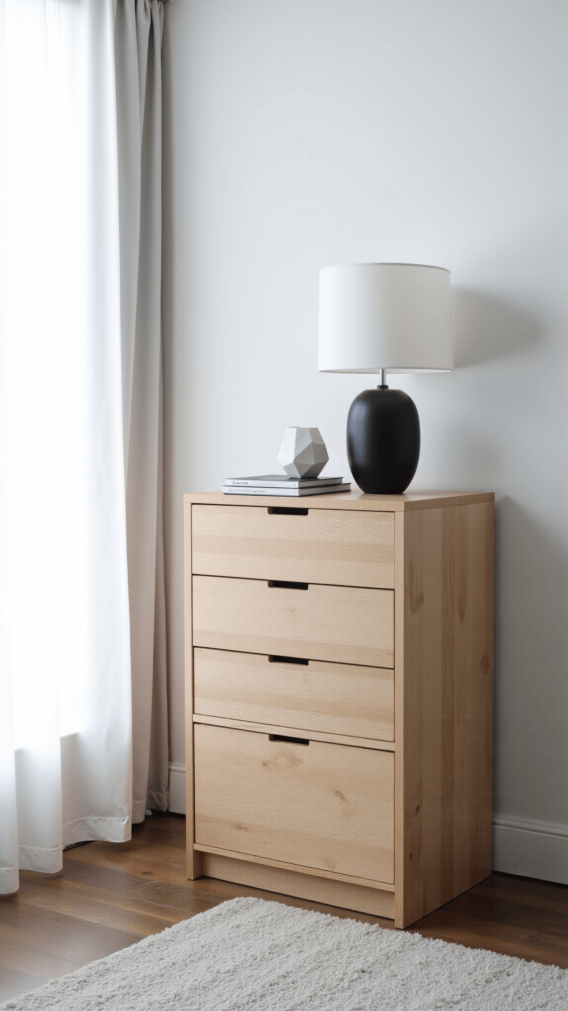 Aerial view of a modern 13x15ft bedroom featuring a multi-drawer Japandi nightstand in light ash wood, styled with a modernist lamp, an art book, and a geometric vessel. Daylight accentuates the organization and craftsmanship of the room with complementary shades of white, subtle grey, and black accents.