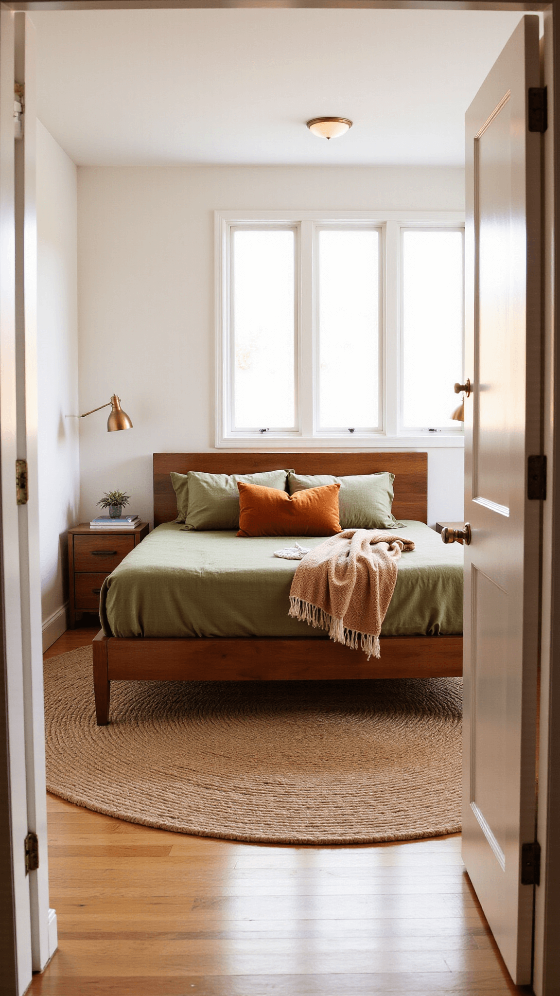 A bright and spacious bedroom during golden hour, featuring large west-facing windows, platform bed with olive green linen bedding, walnut furniture and brass pendant lights. The room is filled with warm light and assorted textures like velvet pillows and a jute rug.