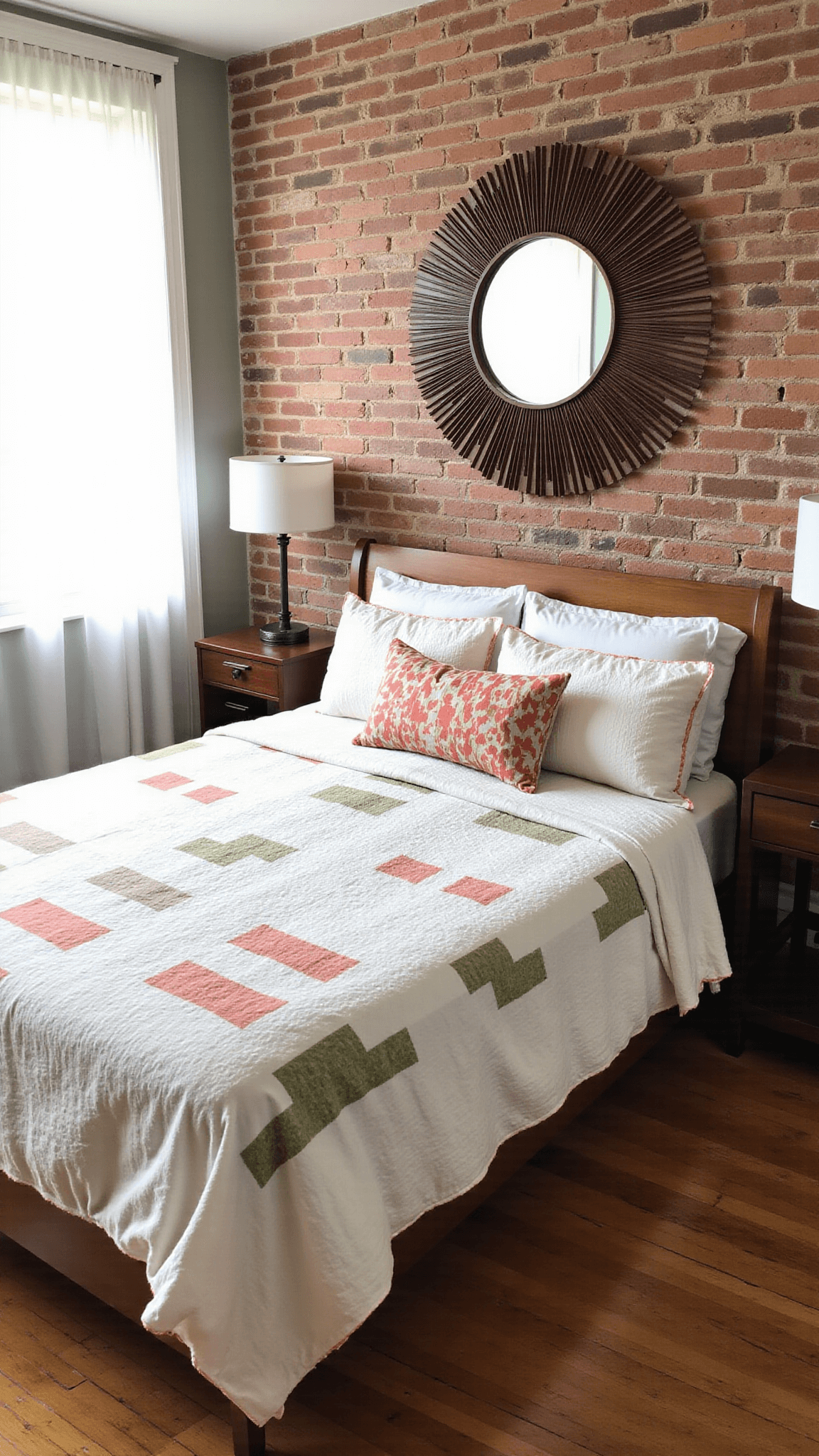 Compact urban bedroom with exposed brick wall, queen platform bed with summer quilts in olive and coral, MCM side tables, sunburst mirror, and natural window light.