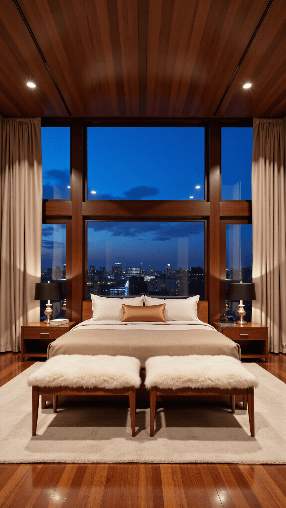 Luxurious 16x20ft master retreat with king-size MCM bed, floor-to-ceiling windows, champagne silk drapes, and Mongolian wool benches, lit with dramatic architectural lighting against city views at twilight.