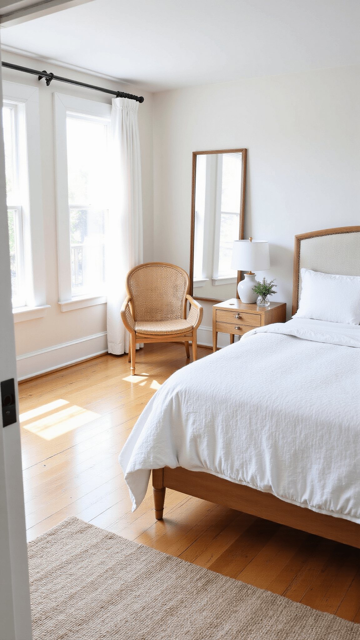 Airy, tranquil 14x16ft bedroom featuring mid-century and coastal designs, with white oak furniture, rattan accent chair, brass floor lamp, and oversized mirror, lighted by natural sunlight.
