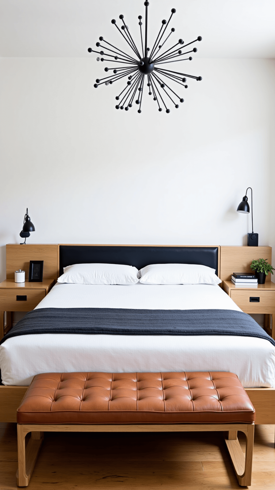 Spacious 15x17ft bedroom with white oak upholstered bed, asymmetrical nightstand arrangement, sputnik chandelier, leather bench, and neutral palette with black accents in diffused afternoon light.