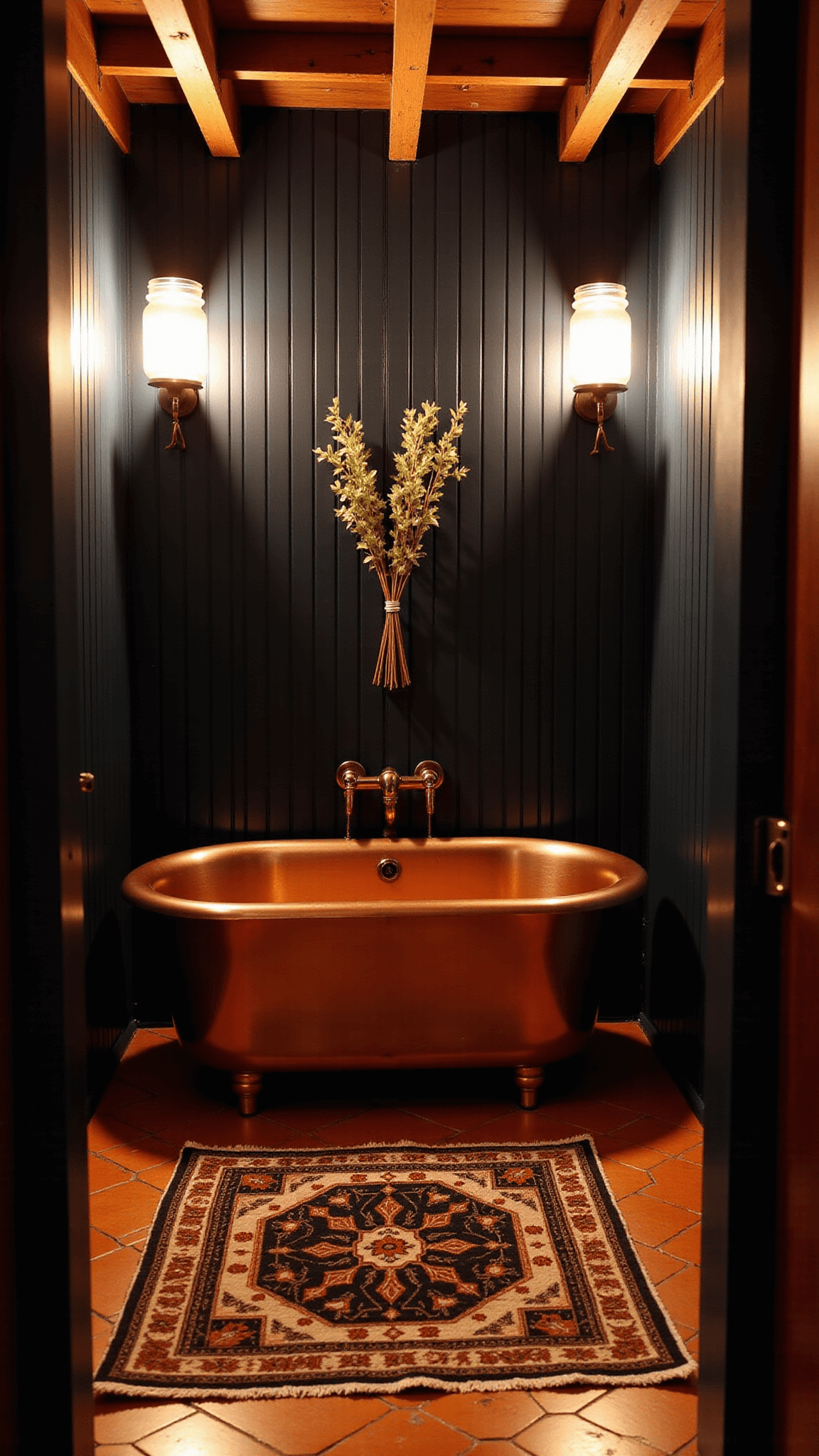 Twilight-lit atmospheric bathroom with copper soaking tub, navy beadboard walls, vintage Persian rug atop terra cotta tiles, mason jar sconces emitting warm light and dried eucalyptus bundles hanging. Captured with dreamy bokeh effect.
