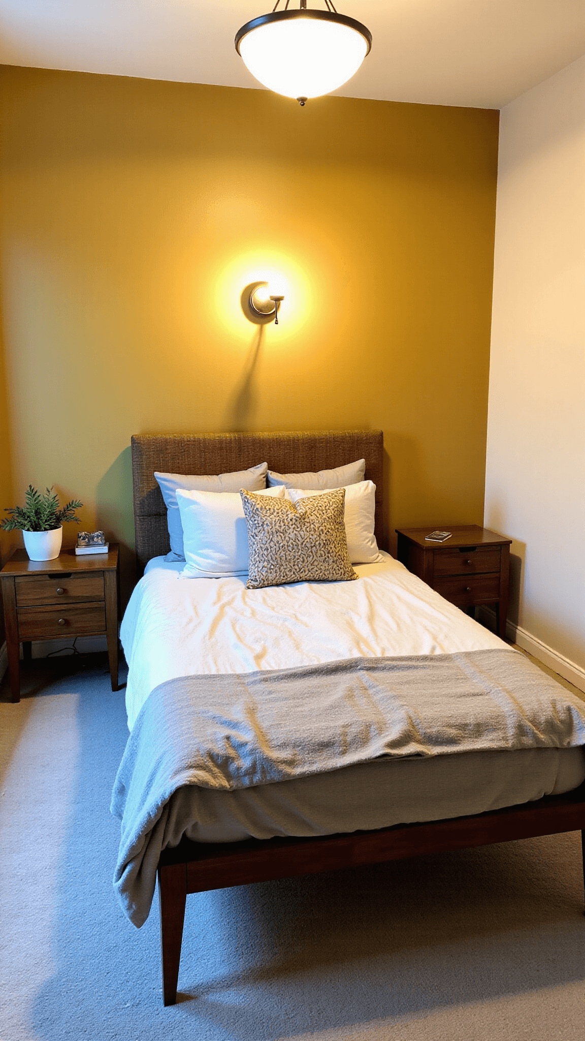 Twilight view of a cozy, stylish 12x12ft bedroom featuring a customized IKEA hack platform bed, a vintage-inspired pendant light, DIY painted mustard accent wall, and refinished thrifted side tables.