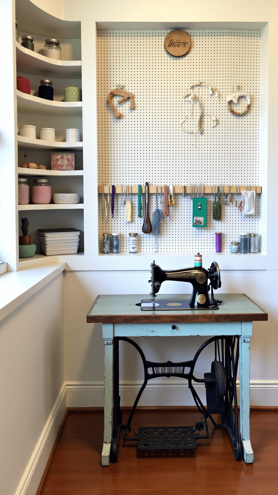 Above-shot view of an enchanting craft room with built-in shelving displaying yarn in glass jars and vintage sewing notions, antique Singer sewing machine atop a weathered farm table, and a pegboard wall with organized tools.