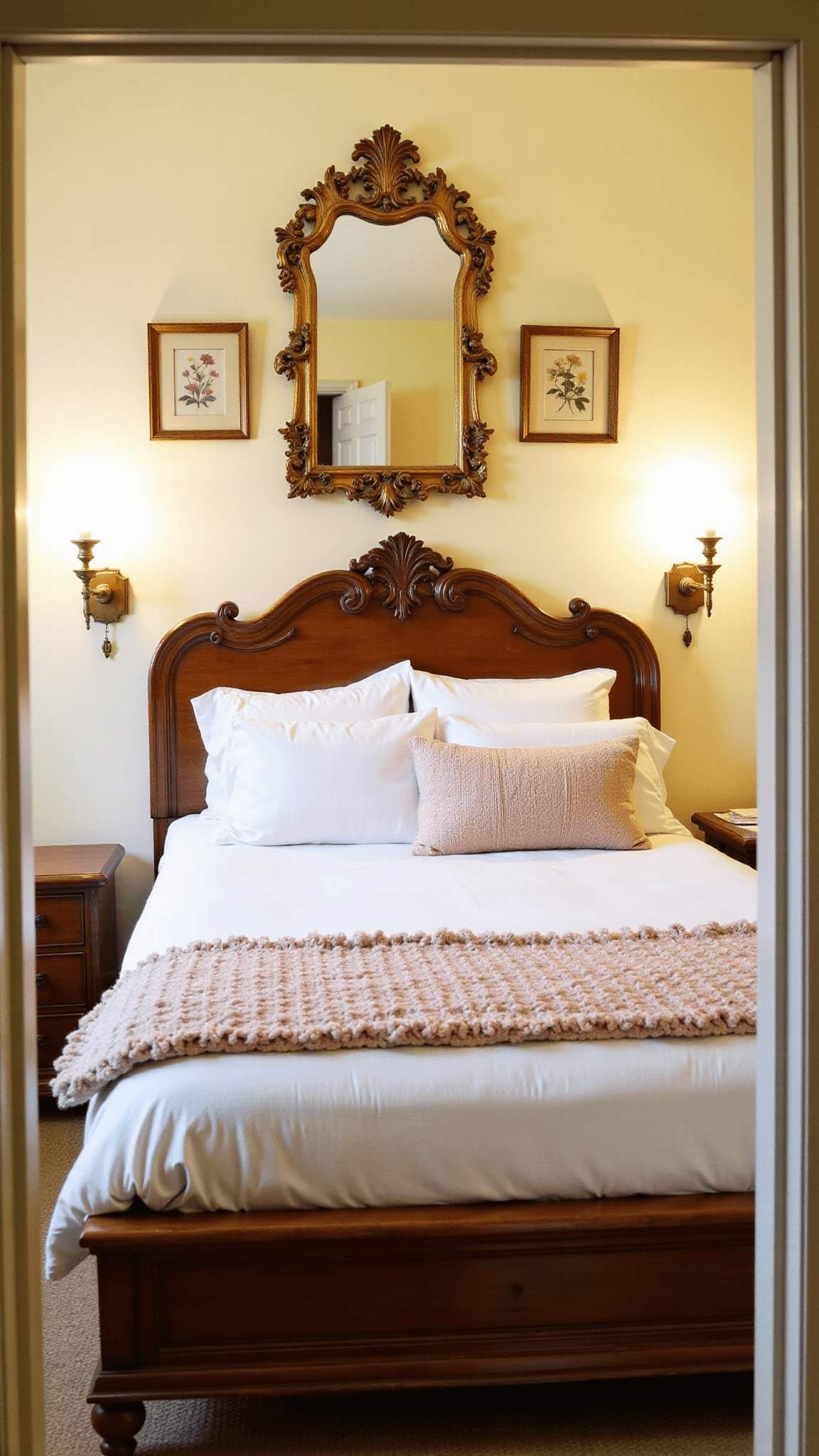 Dreamy 12x14ft bedroom at golden hour with pale yellow walls, carved wooden bed with white and blush linens, antique brass sconces, ornate mirror, and pressed flower artwork in gilt frames.
