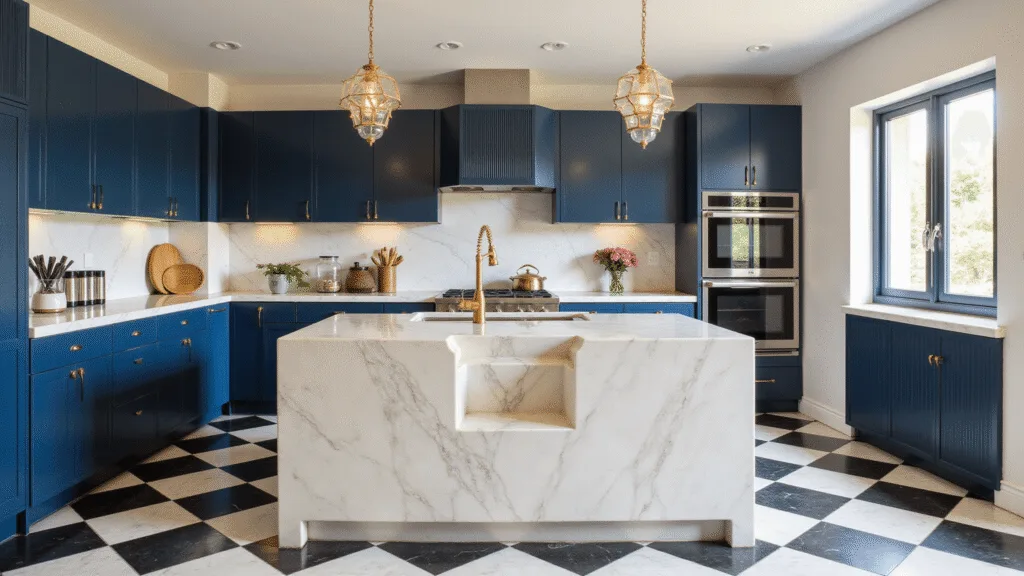 "Luxury Art Deco kitchen with midnight-blue cabinets, brass fixtures, and a marble island bathed in morning light"