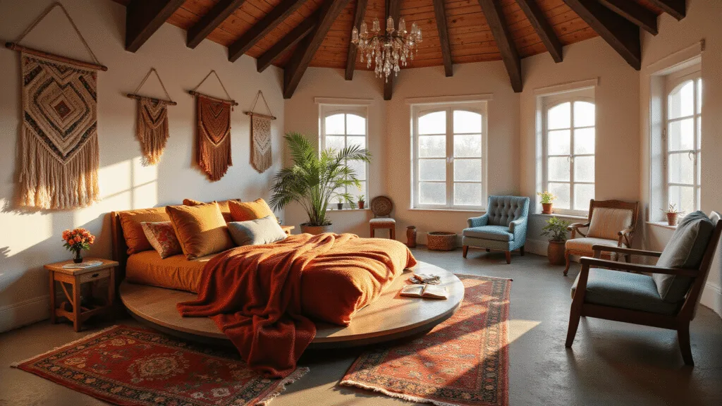 "Bohemian bedroom with round bed, jewel-toned drapings, crystal prisms, and vintage Persian rugs in sunlit room with vaulted wooden ceiling"