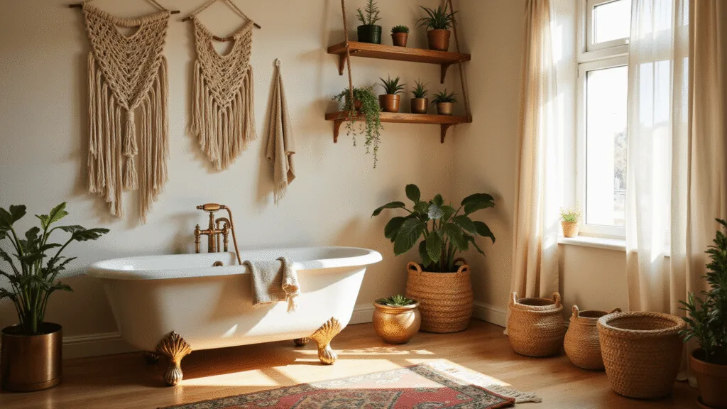 "Bohemian chic bathroom with vintage clawfoot tub, macramé decor, wooden shelves with brass-potted succulents, Turkish rugs, and warm sunlight filtering through sheer curtains."