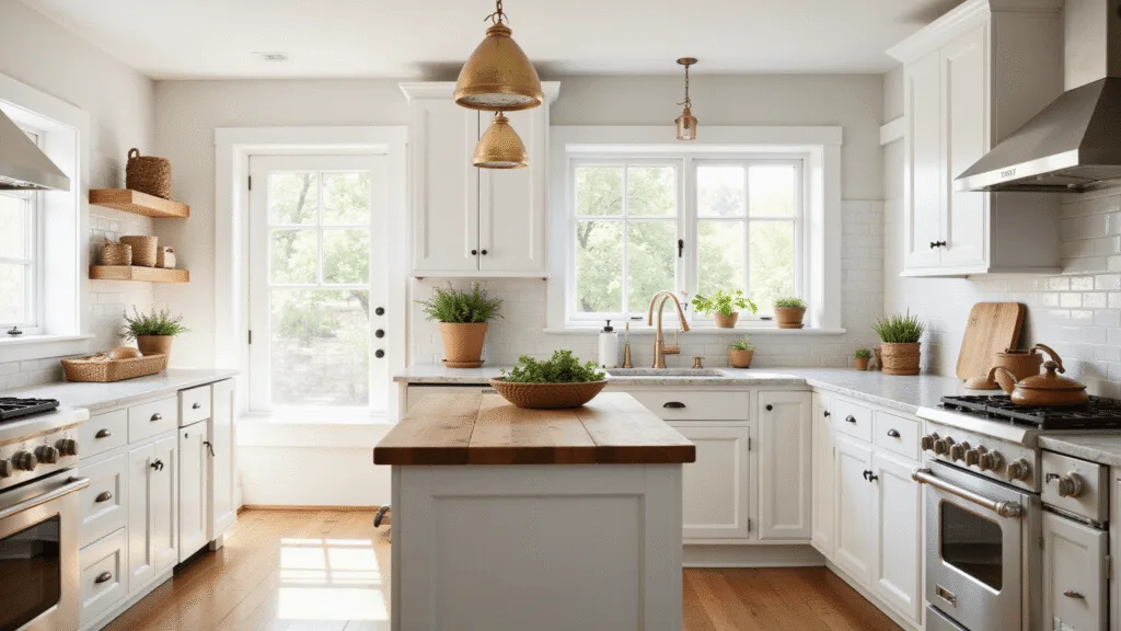 "Bright, airy farmhouse kitchen with white shaker-style cabinets, butcher block island, vintage brass lights, and morning sunlight streaming through the window"