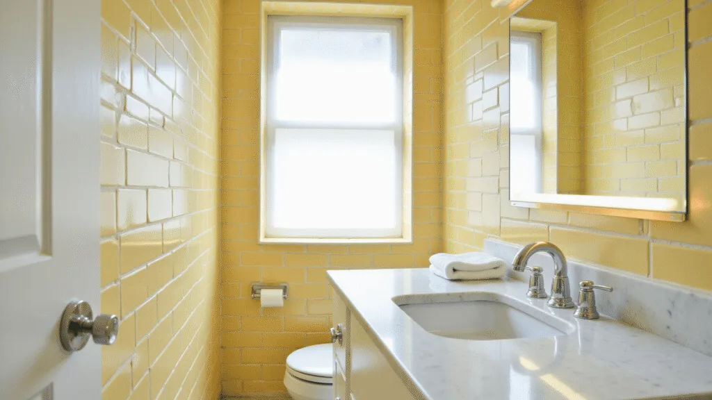"Bright yellow-tiled bathroom with white marble vanity, backlit mirror, modern fixtures, and morning sunlight streaming through frosted window"