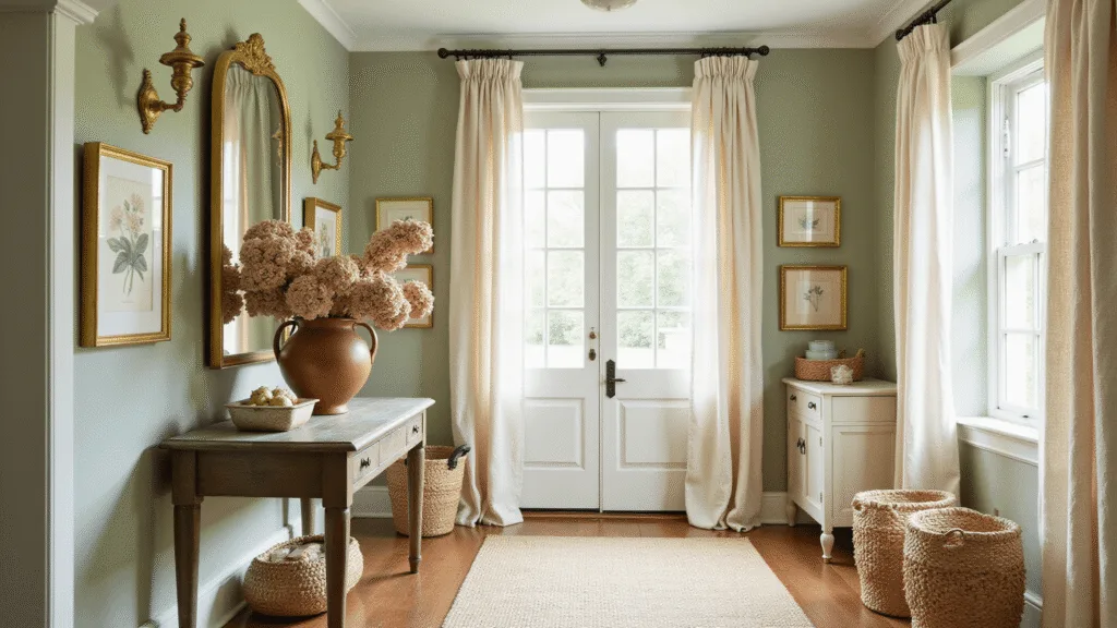 "Sunlit cottage entryway with sage green walls, vintage decor, dried flowers in an earthenware vase, woven baskets, and natural linen curtains"