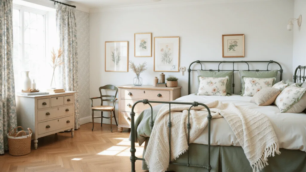 "Sage green bedroom with vintage iron bed, floral textiles, a pine dresser adorned with flowers, under soft morning light"