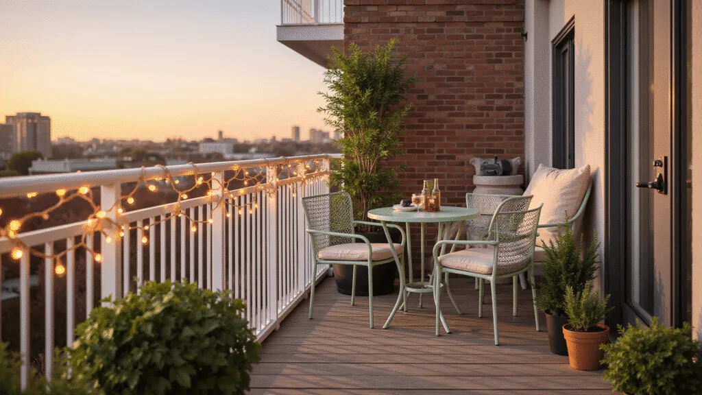 "Cozy urban balcony with green bistro set, copper string lights, potted plants, and sunset lighting"