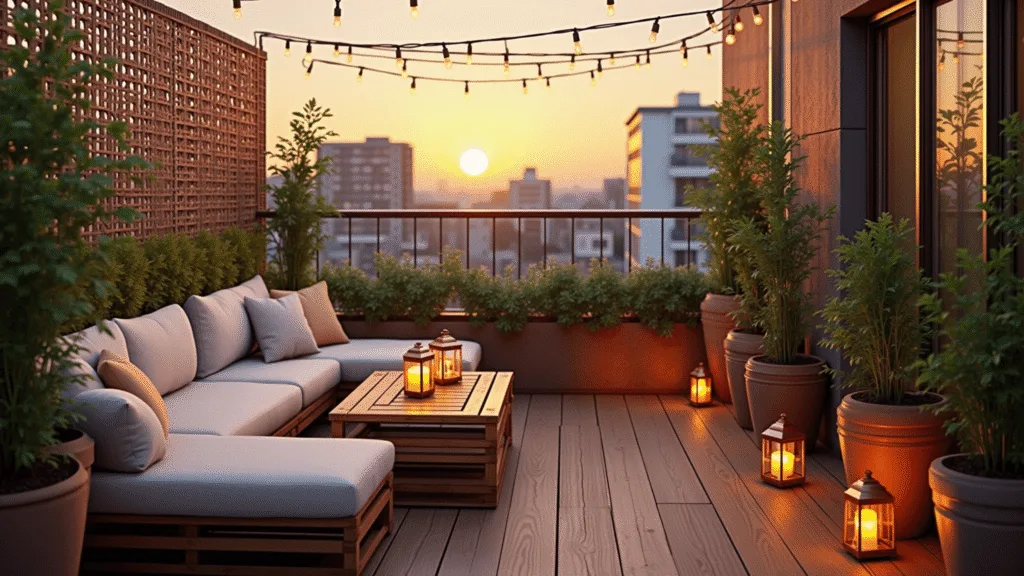 "Cozy urban balcony with wooden deck, crate seating, string lights, green plants and city views at sunset"