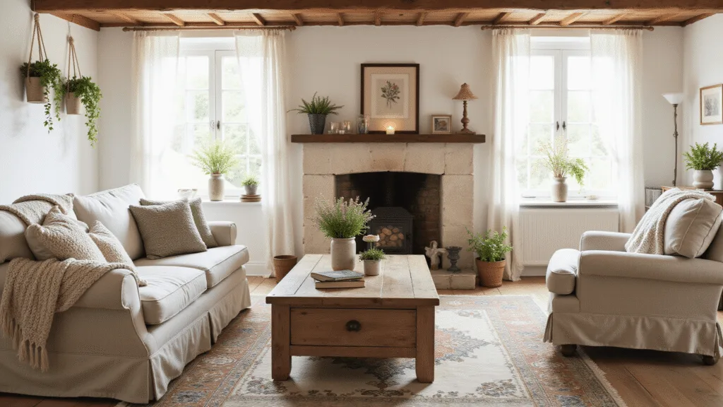 "Vintage cottagecore living room with natural sunlight, whitewashed walls, wooden beams, cream sofa, handknitted throws, embroidered cushions, oak coffee table with botanical books and wildflowers, Persian rug, macramé plant hangers, stone fireplace with candles, and lace curtains."