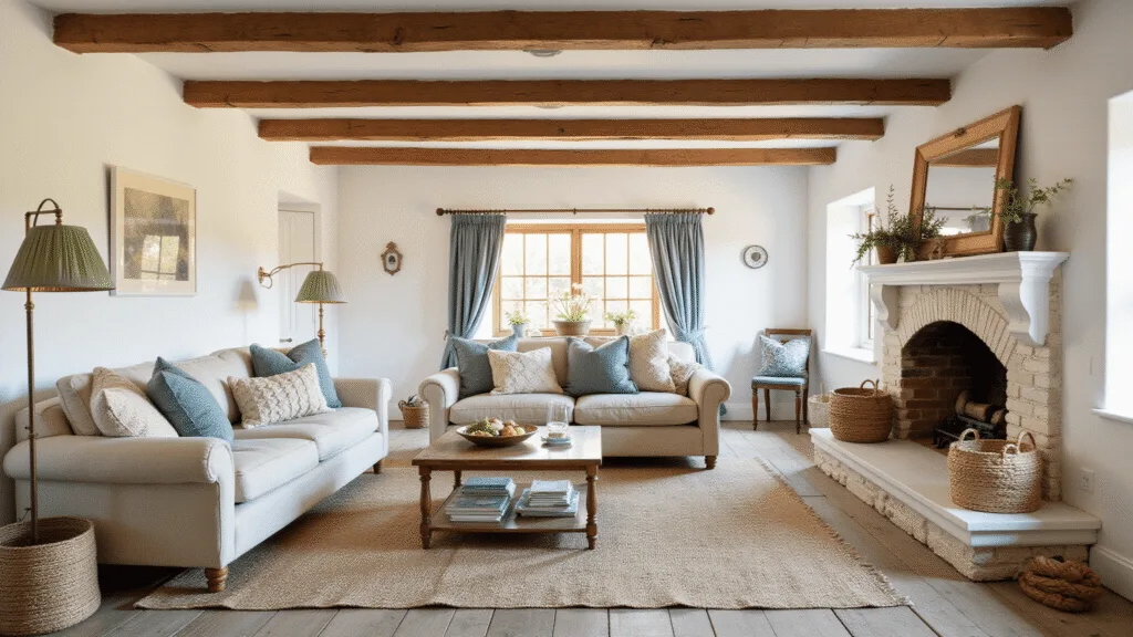 "Cosy countryside cottage living room with exposed wooden beams, vintage furniture, oatmeal sofa, stone fireplace, Persian and jute rugs, brass lamps, and duck egg blue accents"