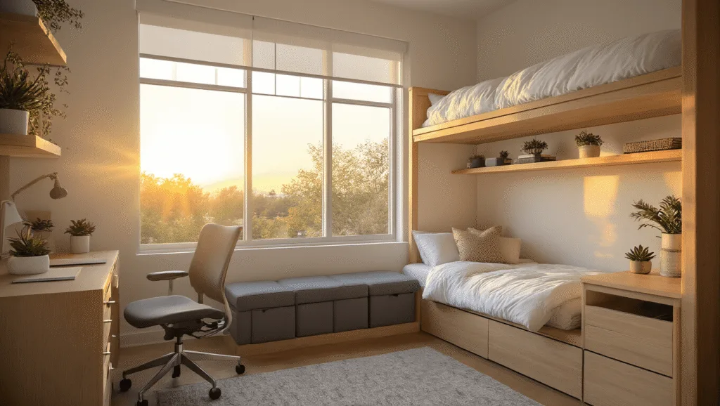 "Lofted bed in a cozy dorm room with sunset light, study nook, wooden desk, slate gray storage ottomans during golden hour"