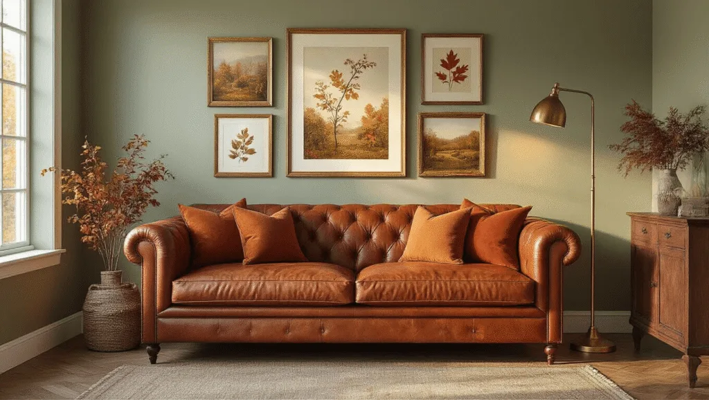 "Golden hour lit living room with a gallery wall of vintage frames featuring autumnal displays, along with cognac leather sofa, rust-colored pillows, brass floor lamp, sage green walls, and wooden accents."