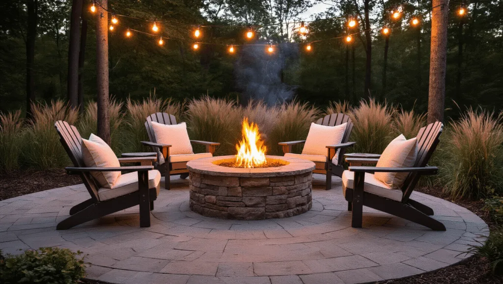 "Cozy outdoor stone fire pit at dusk with Adirondack chairs, overhead Edison string lights, and ornamental grasses in the background"