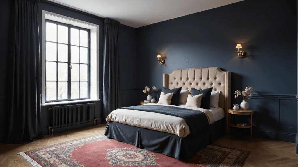 "Elegant navy blue bedroom with velvet headboard, brass wall sconces, and floor-to-ceiling curtains"