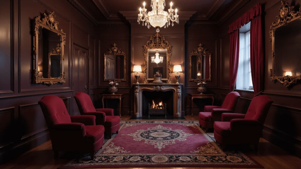 "Dark Victorian style room with burgundy walls, velvet chairs, crystal chandelier, gold accents, ornate mirrors, under moody lighting creating an ethereal atmosphere with mystical objects."