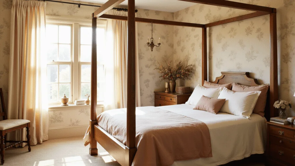 "Sunlit cottagecore bedroom with oak bed, vintage cream and dusty rose linens, botanical wallpaper, dried flower decorations, and antique brass accents"