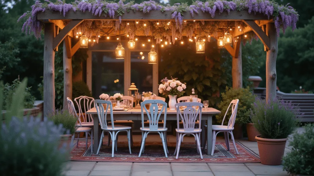 "Whimsical patio evening scene with fairy lights, vintage furniture and a wisteria-draped pergola on a stone patio"