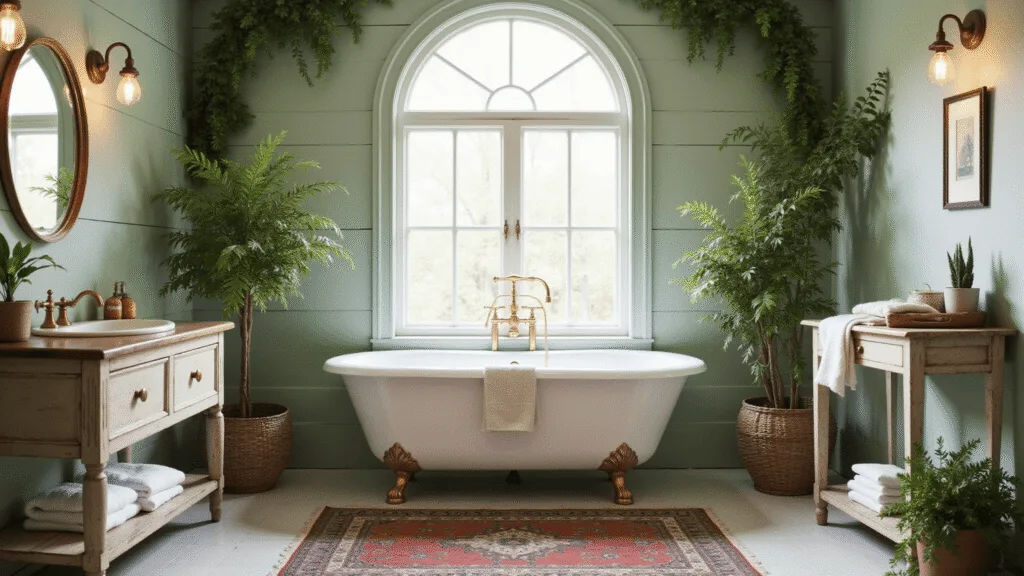 "Cottagecore bathroom with a white clawfoot tub, brass fixtures, green shiplap walls, ferns and spider plants, vintage sconces, a wooden vanity, handwoven linens, and a Persian rug under soft morning light."