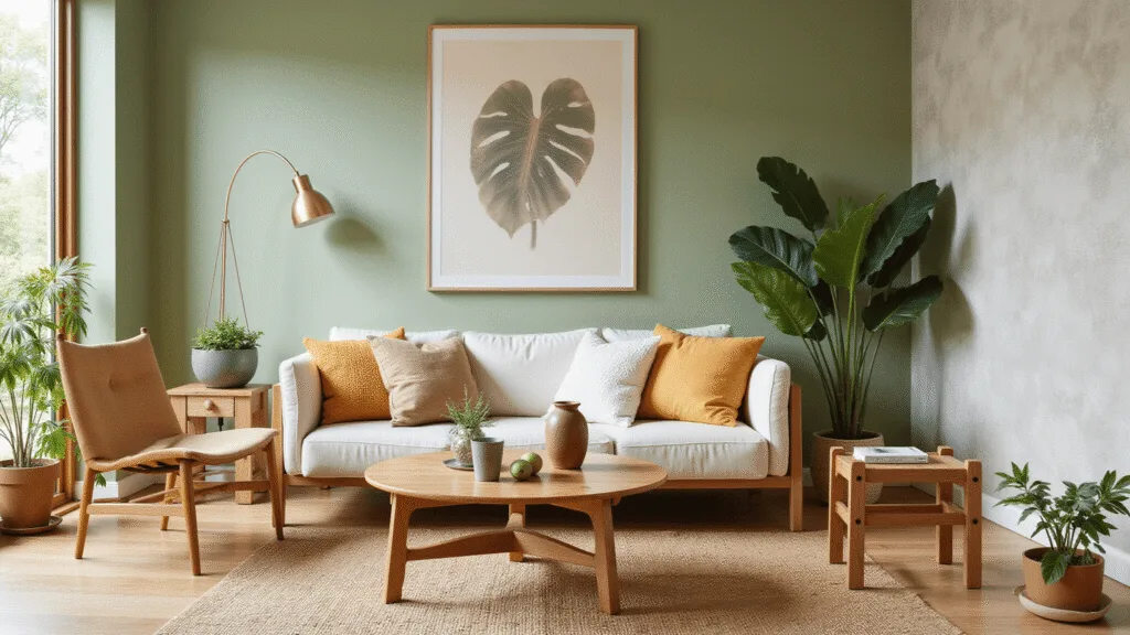 "Sunlit living room with sage green walls, teak furniture, jute rug, monstera plants, textured pillows, ceramic vases and warm ambient lighting during golden hour"