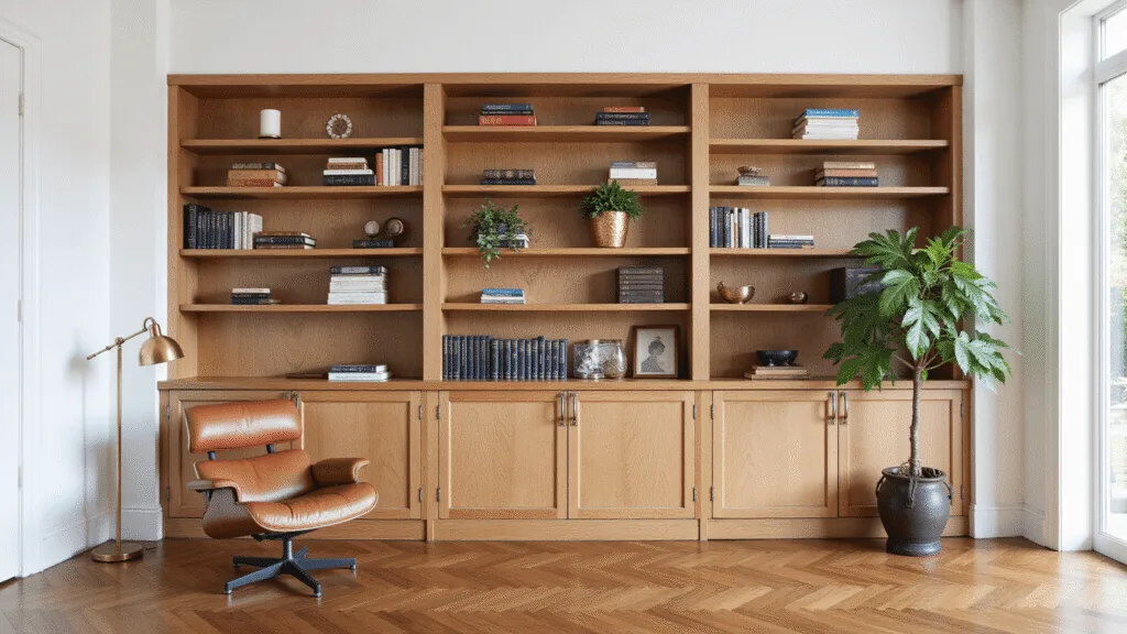 "Elegant home library with oak shelving, leather armchair, brass lighting, and curated books on a bright white background"