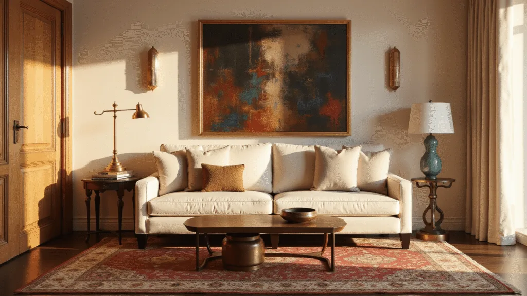 "Elegant living room with brass sconces, cream sofa, Persian rug and golden hour lighting"