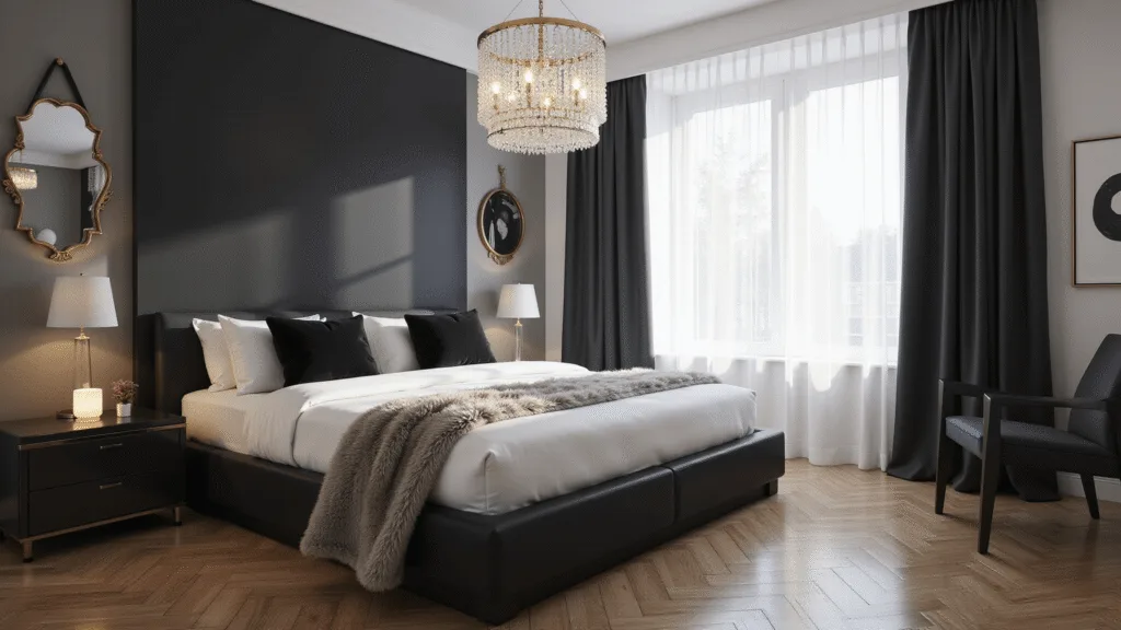 "Elegant black and white bedroom with luxurious textures, matte black accent wall, crystal chandelier, and gold-framed mirror"