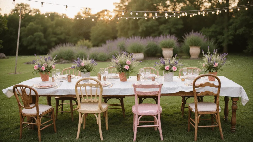 "Enchanted garden party setup at sunset with string lights, vintage table, pastel cushions and herbs as centerpieces"