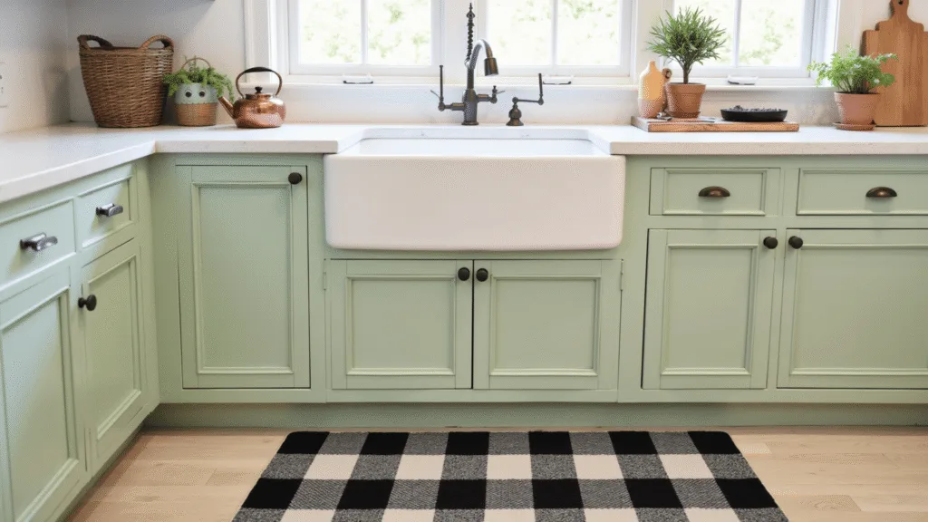 "Farmhouse kitchen with buffalo check mat, sage green cabinets, copper accents and whitewashed oak floors"