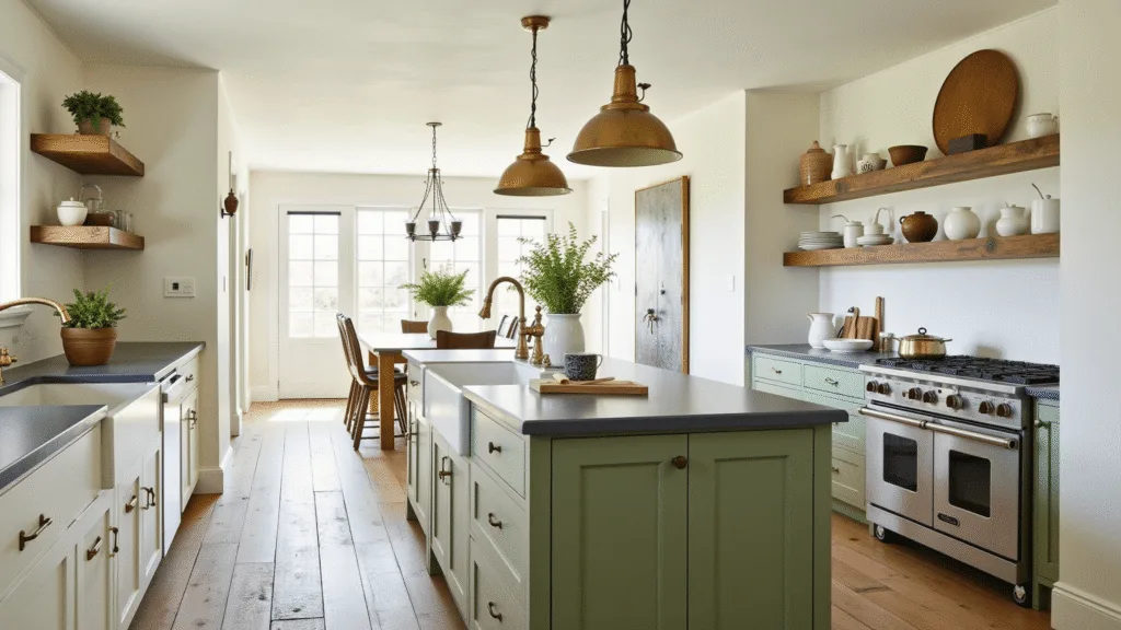 "Farmhouse kitchen with Alabaster white walls, Dried Thyme green island, rustic oak shelves, vintage brass lights, and rustic details bathed in morning sunlight."