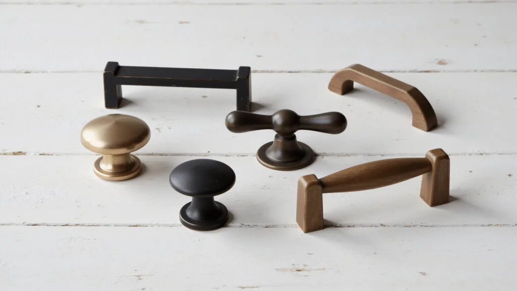 Matte black pulls, brushed brass knobs, and oil-rubbed bronze handles from a farmhouse kitchen hardware collection, arranged on a weathered white wooden surface under warm, natural lighting.